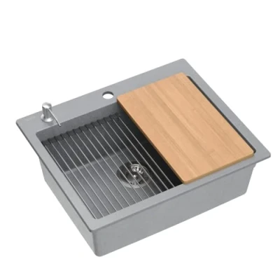 Afbeelding van QUADRON Gootsteen granieten spoelbak keuken afmeting 59,5 x 50 21,5 cm, kleur: grijs KURT 110 inbouwspoelbak aanrecht keukenspoelbak set: dispenser, houten plank, Qmata,