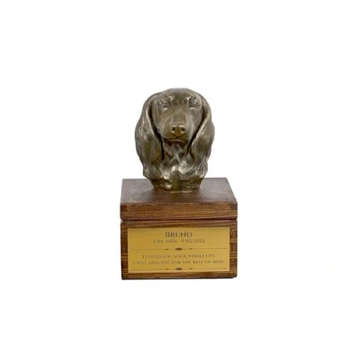 Afbeelding van Art Dog handgemaakte aangepaste hondenherdenkingsurn koudgegoten bronzen hondenkop op berkenbasis langdurige hondencrematiedoos 16x28x16cm Teckel II