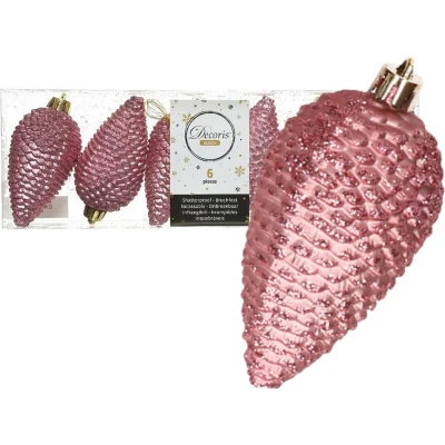 Afbeelding van Decoris Kerstballen dennenappel oud roze 6 stuks 8 cm