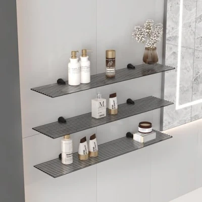 Afbeelding van Euro Tische Wandplank van glas, 80 cm, glazen plank voor badkamer, doucheplank grijs geribbeld met 6 mm ESG veiligheidsglas en metalen houders, glas