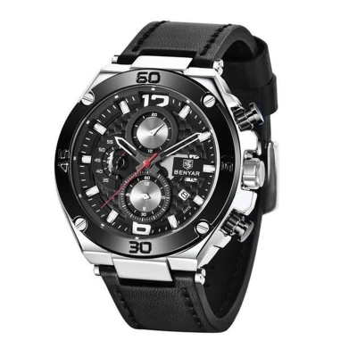 Afbeelding van Herenhorloge Chronograaf Horloge Heren Leren Band Zwart
