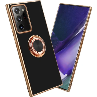 Afbeelding van Cadorabo Hoesje geschikt voor Samsung Galaxy NOTE 20 ULTRA in Glossy Zwart Goud met ring Beschermhoes van flexibel TPU silicone Case Cover camerabescherming en magnetische autohouder