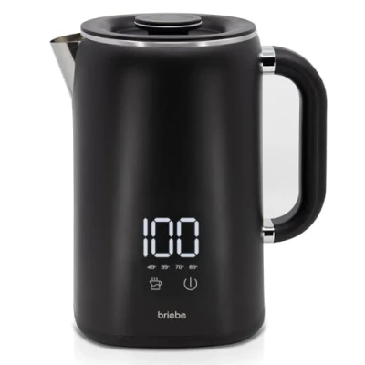 Afbeelding van briebe eBoil Elektrische Waterkoker, 1,7 l, Digitale Temperatuurregelaar, 45C tot 100C, warm functie, 1500 W, Roestvrij Staal, Binnen, BPA vrij, 360 Basis, Strix Controller, Zwart