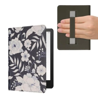 Afbeelding van kwmobile case compatibel met Amazon Kindle Paperwhite 11. Generation 2021 hoes E reader cover van kunstleer in blauw/wit Bloemen blauw