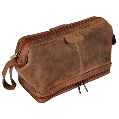 Afbeelding van Leren Toilettas voor heren Volnerf Lederen frame Travel Shaving Dopp Kit Organizer cosmetische make uptas dames