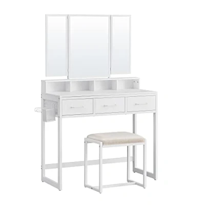 Afbeelding van VASAGLE Make uptafel met gestoffeerde kruk, kaptafel drievoudige spiegel, 3 laden, haardrogerhouder, cosmeticatafel, moderne stijl, wit, RVT004W14