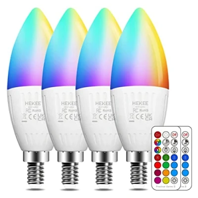 Afbeelding van HEKEE E14 LED lamp 5W (vervangt 40W), gloeilamp, RGBW met afstandsbediening, warm wit, 2700K omringende RGB kleurverandering van kleur (verpakking 4 stuks)