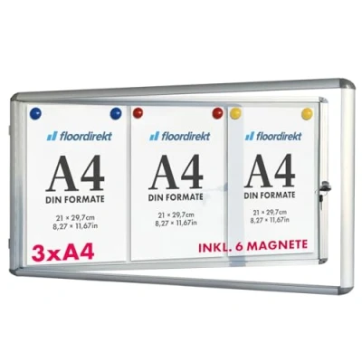 Afbeelding van Floordirekt Showbox 3xA4 incl. 6 magneten infobox uitshang uithangkast magnetische &amp; beschrijfbare achterwand plakkaatshowcase met aluminium frame acrylglas