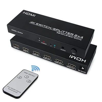 Afbeelding van HDMI Switch Splitter 2 in 4 Out, 4K@60Hz schakelaar met afstandsbediening en audio uitgang, ondersteuning 3D 1080P HDCP2.2 HDR voor PS4, Xbox, HDTV, Blu ray speler