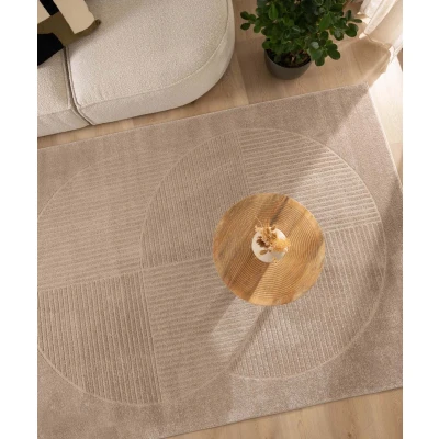 Afbeelding van Vierkant Vloerkleed Scandinavisch Contour Circle Beige 140x140 Cm
