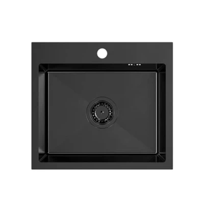 Afbeelding van VBCHOME roestvrij stalen spoelbak 50 x 45 cm zwart staal inbouwspoelbak met kraangat keukenspoelbak grote wastafel afvoergarnituur sifon roestvrijstalen