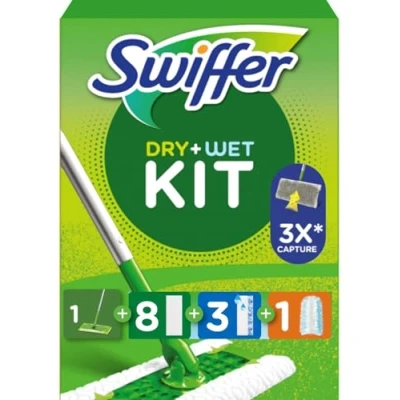 Afbeelding van Swiffer vloerwisser starterset met 1 + 8 droge en 3 vochtige vloerdoeken stofmagneet handvat navuldoeken