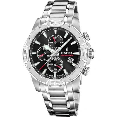 Afbeelding van Festina F20704/3 Heren Horloge Chronograaf Mineraalglas Roestvrijstaal/Leer Zilverkleurig Quartz Gesp 10 ATM (zwemmen)
