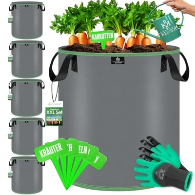 Afbeelding van KESSER® plantenzak 60 liter, 5 stuks, Kweekzak van vliesstof met naambordjes, aardappelplantenzak ramen en handgrepen, voor groenten, bloemen, vruchten, grijs