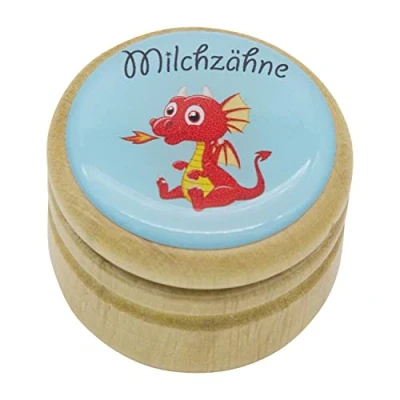 Afbeelding van GICO Melktanddoos, tandendoos, melktanden, fotodoos met diverse motieven van hout voor jongens en meisjes draaisluiting, 44 mm (draak)