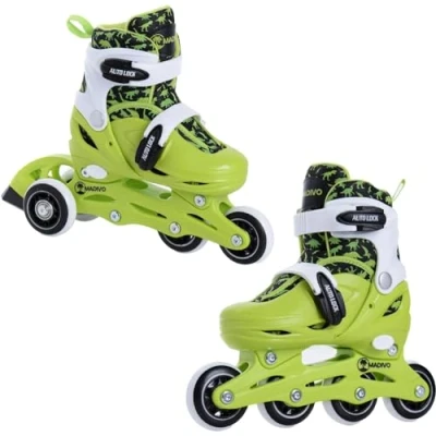Afbeelding van Madivo Dino Kinderset, 2 in 1 inliner/triskates, verstelbaar, ABEC 5 rolschaatsen, inline skates om te bouwen tot groen/zwart, maten: 26 29, 30 33 (S (30 33))