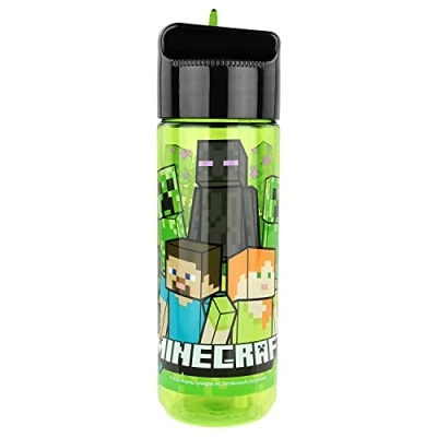 Afbeelding van p:os 33171 drinkfles voor kinderen, ca. 540 ml, transparant design met Minecraft motief en geïntegreerd rietje om omhoog te klappen, van kunststof, BPA vrij ftalaatvrij