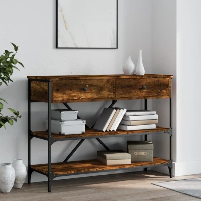 Afbeelding van Wandtafel met lades en schappen bewerkt hout gerookt eikenkleur
