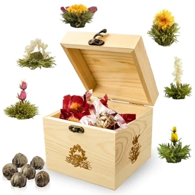 Afbeelding van Creano thee bloemen cadeauset in houten theekist, 6 blooming tea soorten witte