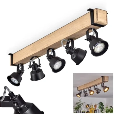 Afbeelding van HOFSTEIN plafondlamp Safari, moderne van metaal/hout in zwart/naturel, industrieel design met verstelbare schermen, 5 lampen, x GU10 zonder lampen