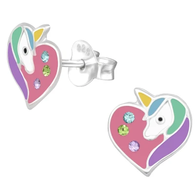 Afbeelding van JoyS Zilveren eenhoorn hartje oorbellen 8 x 9 mm kristal multicolor unicorn