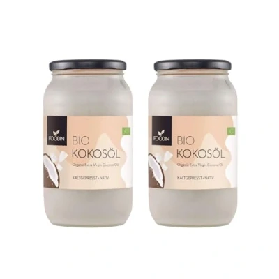 Afbeelding van FOODIN Biologische kokosolie, inheems, koudgeperst, premium kokosolie in glas, 2 liter, goede optie voor braden en koken, 100% glutenvrij veganistisch (2 x 1000 ml)