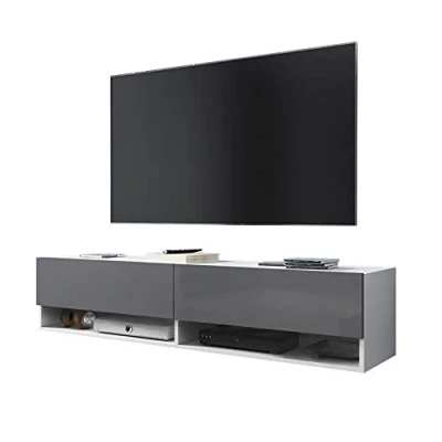 Afbeelding van Selsey Wander TV lowboard/tv kast in mat wit/grijs hoogglans hangend/staand met LED 100 cm