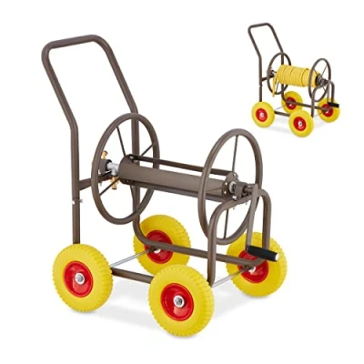 Afbeelding van Relaxdays slangenwagen, tot 60 meter, 4 wielen van massief rubber, slanghaspel handmatig, tuinslanghouder, bruin