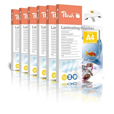 Afbeelding van Peach Lamineerfolie A4 125 mic 6x100 pouches glanzend premium kwaliteit voor de beste lamineerresultaten compatibel met apparaten van alle merken PP525 02P