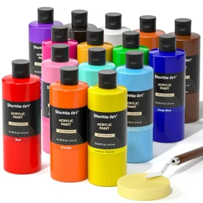Afbeelding van Shuttle Art Acrylverfset, 15 kleuren acrylverfflessenset (473 ml/16 oz), rijk gepigmenteerde acrylverf, bulkverfbenodigdheden voor kunstenaars, beginners, kinderen op rotsen, ambachten, canvas, hout
