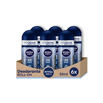 Afbeelding van Nivea Men Cool Kick Roll On deodorant anti transpirant voor heren, 6 x 50 ml, met Care formule, rol 48 uur frisheid