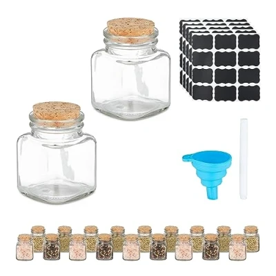 Afbeelding van glazen kruidenpotjes set van 12 kurken deksel 100 ml met stickers trechter