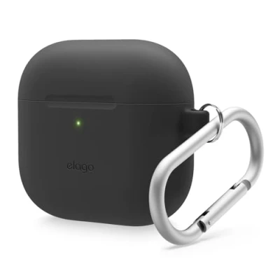 Afbeelding van elago Siliconen Hoesje Compatibel met AirPods 4 Karabijnhaak Inclusief, Ondersteunt Draadloos Opladen, Schokbestendig, Volledige dekking (Zwart)