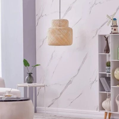 Afbeelding van Lindby hanglamp 1licht Bamboe, plastic E27 licht hout, zwart