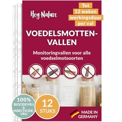 Afbeelding van Hey Nature levensmiddelen mottenval, 12 stuks, insecticide vrije voedselmottenval met maximaal aantrekkingseffect voor het opsporen van besmettingen, controleval tegen voedselmotten