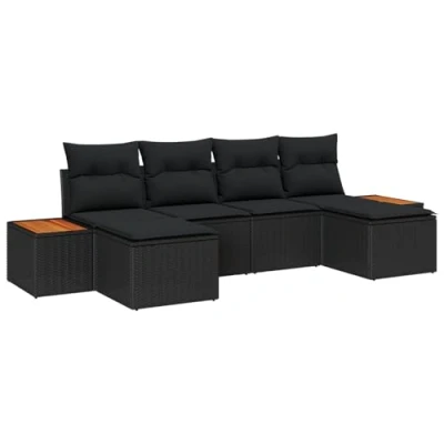 Afbeelding van vidaXL 6 delige tuinset met kussens in zwart poly rattan en acacia
