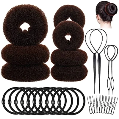 Afbeelding van 31 stuks donut haarknotmaker, set haarstyling, kapselhulp, donuthaar, knot, vlechthulp, haarknotkussen, kleine haarknot, vormset voor kinderen, meisjes en vrouwen