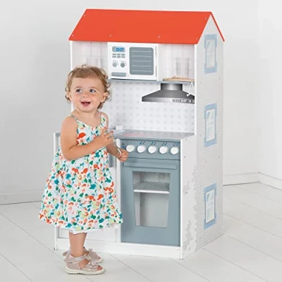 Afbeelding van roba speelhuis en keuken 2 in 1, voorkant incl. 6 actieve ruimtes, achterkant kinderkeuken gootsteen, kraan, magnetron, fornuis, grill, koelkast, meerkleurig