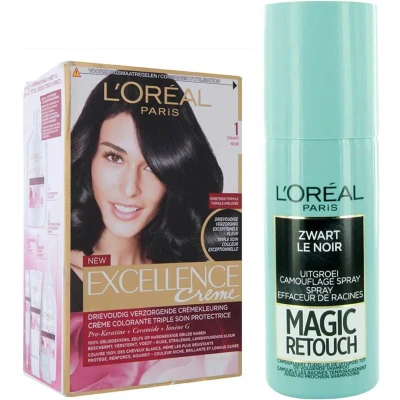 Afbeelding van L&#039;Oréal Excellence Creme 1 Zwart + Magic Retouch Uitgroeispray 75 ml Pakket