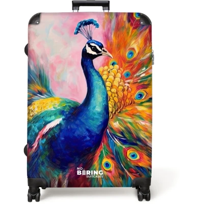 Afbeelding van NoBoringSuitcases.com® Koffer groot Reiskoffer lichtgewicht Kleurrijk portret van een pauw in olieverf Rolkoffer met 4 wielen Grote trolley XL 98 liter bagage