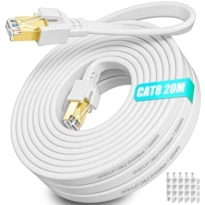 Afbeelding van Cat 8 Ethernet Kabel 20m, Internet Netwerkkabel 20 Meter Hoge Snelheid 40Gbps 2000MHz LAN Flexibele Cable 20m Platte Wit Rj45 Patchkabel voor Router Modem Switch Gaming Xbox PC