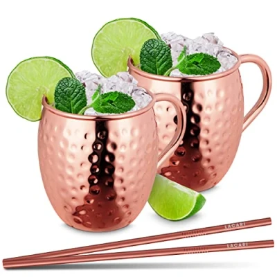 Afbeelding van LACARI Moscow Mule Beker Set van [2x] Koperen Mok &amp; Rietjes 470ml Inhoud Met E book