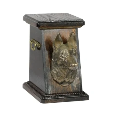 Afbeelding van Art Dog Custom Memorial Urn Handgemaakte Box Koudgegoten bronzen hondenkop op berkenbasis 19cmx32cmx30cm Malinoise