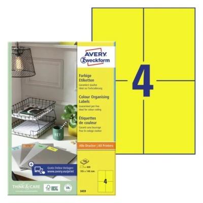 Afbeelding van Etiket Avery Zweckform 3459 105x148mm A6 geel 400stuks