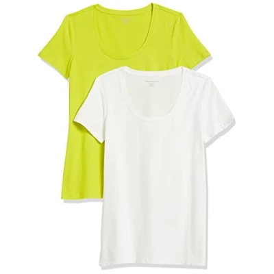 Afbeelding van Amazon Essentials Dames Classic Fit T shirt met korte mouwen en ronde hals (verkrijgbaar in grote maten), 2 stuks, wit/limoengroen, S