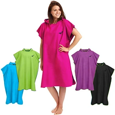 Afbeelding van Surf poncho voor dames &amp; heren, licht en compact, omkleed handdoek op het strand, sneldrogende microvezel zwemponcho, bij surfen, watersporten, duiken, kamperen (Maat L Pink)
