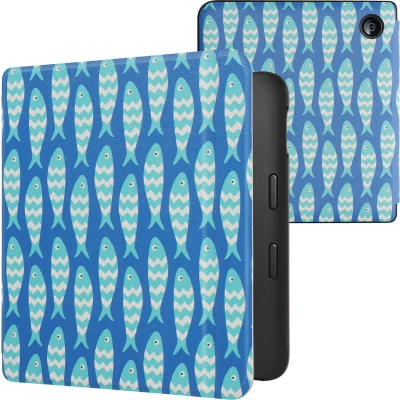 Afbeelding van kwmobile E reader hoesje geschikt voor Kobo Libra 2 hoes flip case met magnetische sluiting Ereader cover Visjespatroon design in blauw / lichtblauw wit