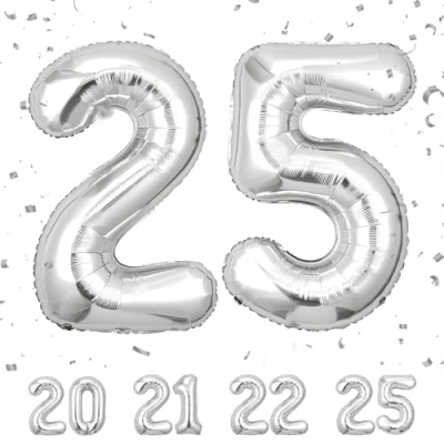 Afbeelding van Ballonnen voor verjaardag 25 jaar zilver 101 cm verjaardagsdecoratie een man en vrouw van opblaasbaar cijfer folie beige