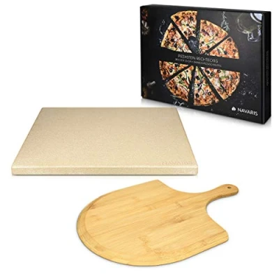 Afbeelding van Navaris pizzasteen XL voor oven en barbecue Rechthoekige pizzaplaat 38 x 30 cm Inclusief pizzaschep van bamboe Keramisch geglazuurd