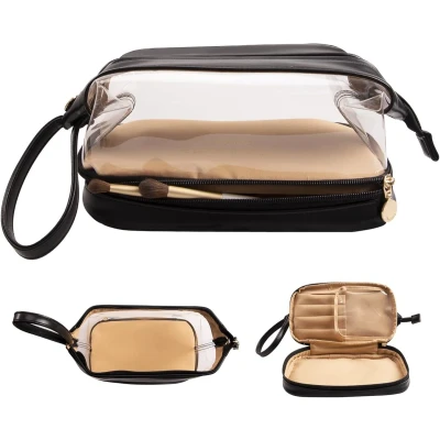Afbeelding van FURNIBELLA Draagbare Make up Organizer Waterdichte Toilettas van PU leer met Grote Capaciteit D zwart